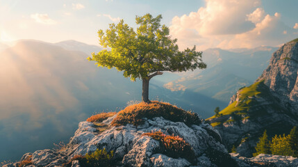 Mountain landscape with single tree in summer, scenic lonely pine on cliff top in sunlight. Concept of nature, sky, outdoor, travel