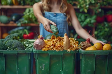 a female in casual attire systematically places vegetable peels into a compost bin, signifying the p