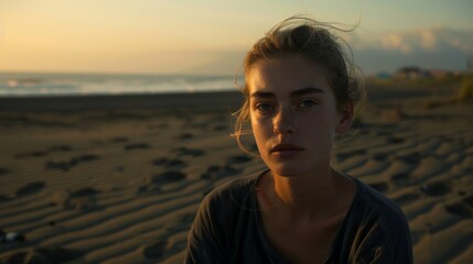 Canvas Print - Serene Sunset Beach Portrait of a Young Woman