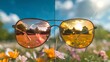 © Zahid - a sunny summer image divided in half showing the difference between a glasses lens with vs without anti-glare coating