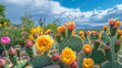 A mesmerizing view of an Eastern Prickly Pear Cactus garden in full bloom, with rows of cacti displaying their vibrant flowers in shades of yellow, orange, and pink,