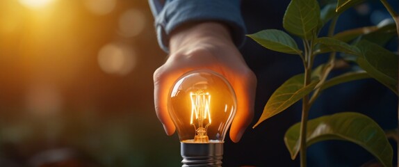 Hand holding light bulb against nature on orange leaf with energy source