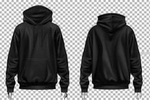 A Pair Of Black Front And Back View Tee Hoodies. Generative Ai