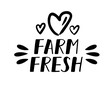 FARM FRESH. Hand drawn doodles stamp, badges, logo, icon, label. Vector brush lettering typography - farm fresh on a white background. Farm fresh natural organic product brand heart sign symbol.