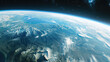 Realistic illustration of Earth view from space, clouds, mountains, rivers.