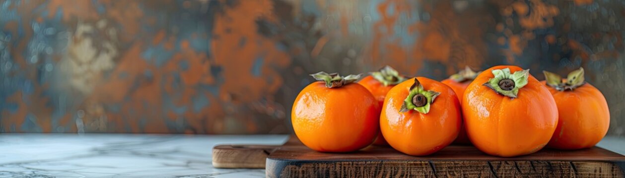Bright orange persimmons on a wooden board with a marble kitchen backdrop