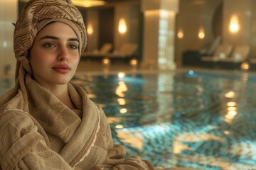 Wall Mural - Beautiful girl in a spa salon wrapped in a towel against the backdrop of the pool.