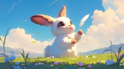 Sticker - The adorable rabbit is playfully lifting the feather with such charm and character