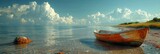 Fototapeta Przestrzenne - Sea shore with old boat background. An old rusty fishing boat in water on sand with grassy beach and clouds on horizon