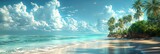 Fototapeta Przestrzenne - Colorful tropical lagoon with trees and waves background. Sunny sea wild beach with sand and palm trees with bright clouds