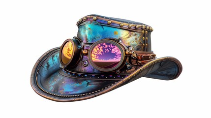 Hat with goggles in steampunk style , isolated image on white background