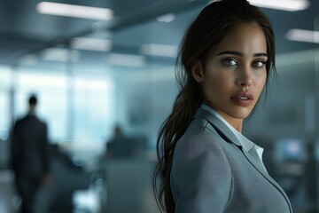 Canvas Print - A woman with long dark hair and a serious expression in a gray suit stands in a glass office and looks over her shoulder. An office is visible in the background.