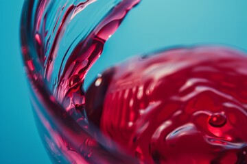 Poster - A mesmerizing movement of red liquid twirls inside a wine glass against a cool blue background