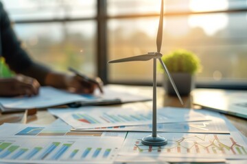 Poster - A model wind turbine stands on financial charts reflecting sustainable investment