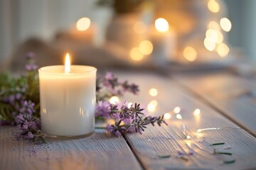 Aufkleber - Illuminated candle surrounded by lilac flowers and warm fairy lights creating a cozy atmosphere