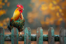 Chicken On The Garden Fence,
 Rooster Crowing On Wooden Pole In Field At Sunset