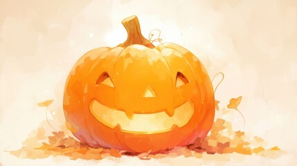 Wall Mural - A cheerful orange pumpkin with a bright smile set against a crisp white background stands as the quintessential symbol of the festive Halloween season in this lively 2d illustration perfect