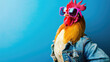 Funny cockerel wearing sunglasses and denim shirt, blue wall background with copy space for text. Holidays concept.