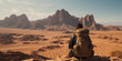 Brave adventurers navigate the vast desert landscape, backpacks on their shoulders as they explore the unknown.