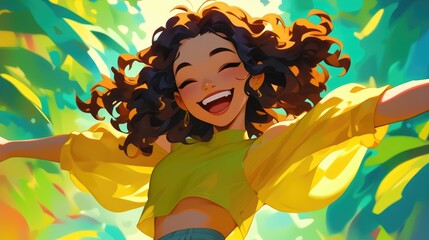 Canvas Print - A cheerful female cartoon character radiating joy and positivity