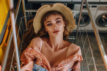 Wall Mural - Fashionable young woman lying in a laundromat cart wearing a stylish wide-brimmed hat