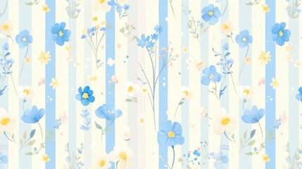 Sticker - An adorable and simple summer background featuring a pattern in soft pastel hues adorned with delicate blue stripes and small wildflowers This charming 2d illustration is lovingly 