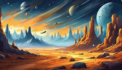 Wall Mural - Abstract illustration of space desert with rocks. Cosmic landscape. Blue sky. Fantasy planet.