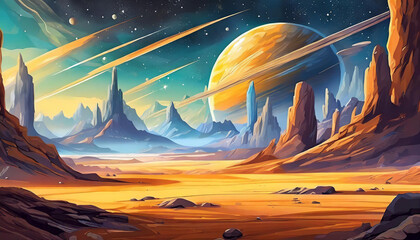 Wall Mural - Abstract illustration of space desert with rocks. Cosmic landscape. Blue sky. Fantasy planet.