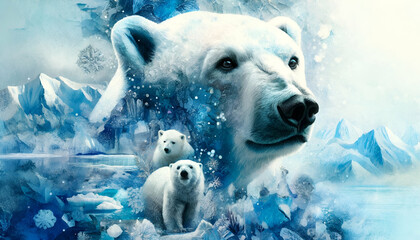 Polar Bear Collage in Arctic Scenery with Snowflakes and Ice Formations, Blending Elements of Wildlife and Nature Conservation - Greeting Card, Background

