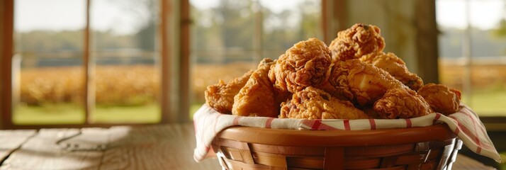 Wall Mural - A basket of fried chicken is on a table. The basket is covered with a red and white cloth