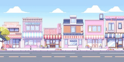 A row of buildings with pink and white storefronts. The buildings are lined up on a street with a sidewalk