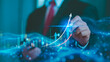 © Montri - Trader use laptop analyzing growing stock on virtual screen for invest in trading. planning and strategy, Stock market, Business growth.