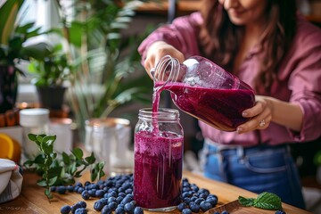 A female in casual attire is pouring vibrant beetroot juice into a mason jar amidst a table of fresh blueberries