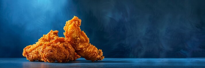 Wall Mural - Three pieces of fried chicken are on a blue table. The chicken is golden brown and crispy. The image has a warm and inviting mood, making it look like a delicious meal