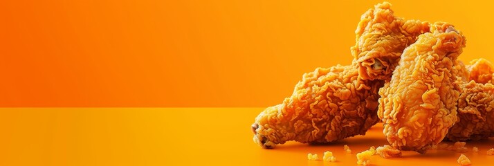Wall Mural - Three pieces of fried chicken on a table. The chicken is golden brown and crispy