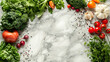 Fresh raw greens, unprocessed vegetables and grains over light grey marble kitchen countertop, top view, copy space, Clean eating, healthy, vegan, vegetarian, detox, dieting food concept