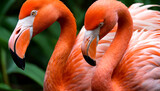 Fototapeta  - Two pink flamingos are standing side by side, displaying their vibrant plumage and long necks