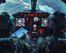 Two Fighter Jet Pilots In A Briefing Room, Discussing Flight Plans And Strategies, Focused On Teamwork And Collaboration, With Digital Maps In View , Hyper Realistic