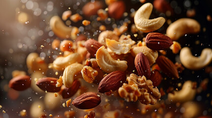 Wall Mural - Freeze motion of flying mix of nuts. Studio shot,