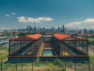 Wall Mural - A large building with a green pool and a red roof. The building is surrounded by a fence and is located in a city