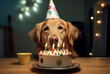 party cake with a candle and in front of it a golden retriever dog with a birthday hat on his head сreated with Generative Ai