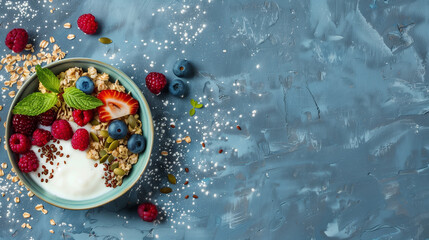 Wall Mural - Oatmeal porridge with fruit and berries in bowl, homemade healthy breakfast