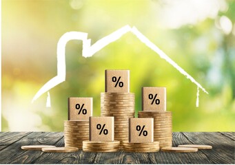 Poster - reduce the interest home loan. Percentage sign on coins