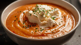 Fototapeta Most - A rich, creamy bowl of lobster bisque, with a swirl of cream and a sprinkle of chives on top. The image emphasizes the smooth texture.