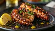 Delicious Grilled Octopus on Black Plate Generative AI