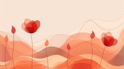 Wall Mural -   Three red flowers before a beige backdrop, wavy lines included, with a foreground wave
