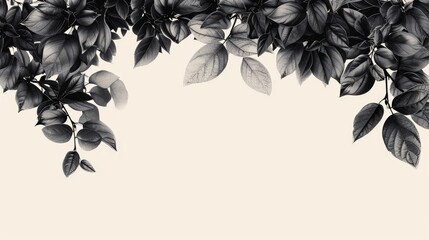   A black-and-white image of a tree branch filled with leaves, featuring an empty center
