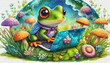 oil painting style CARTOON CHARACTER CUTE baby frog game of lap top