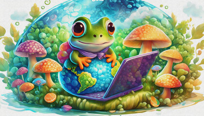 Wall Mural - oil painting style CARTOON CHARACTER CUTE baby frog game of lap top