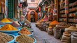 A bustling Moroccan souk with colorful spices and textiles.